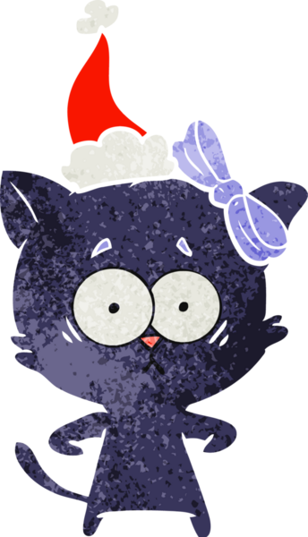 Bir insan tarafından çizilmiş Noel Baba şapkası takan bir kedinin retro karikatürü.