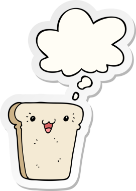 Düşünce baloncuklu bir ekmek dilimi insan tarafından çizilmiş bir çıkartma gibi.