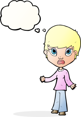 Bir insan tarafından çizilmiş düşünce baloncuğuyla omuz silken çizgi film kadını.