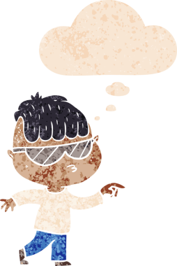 Güneş gözlüğü takan çizgi film çocuğu grunge 'daki düşünce baloncuğuyla işaret ediyor.