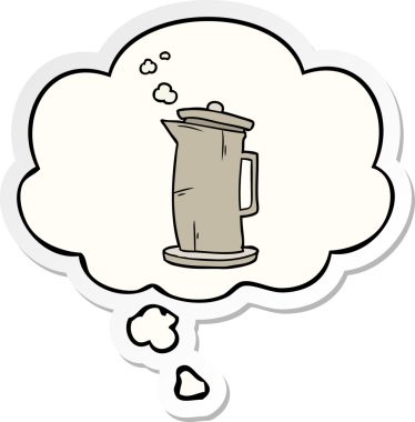 İnsan tarafından çizilmiş bir çıkartma olarak düşünce baloncuklu eski bir çaydanlık.