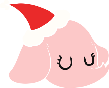 Bir insan tarafından çizilmiş Noel Baba şapkası giyen bir fil yüzünün düz renkli çizimi.