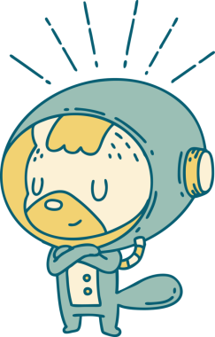 Bir insan tarafından çizilmiş astronot kostümlü geleneksel dövme tarzı bir hayvanın resmi.