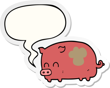 Bir insan tarafından çizilmiş baloncuk çıkartmalı şirin çizgi film domuzu.