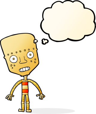 Bir insan tarafından çizilmiş düşünce baloncuklu çizgi film robotu