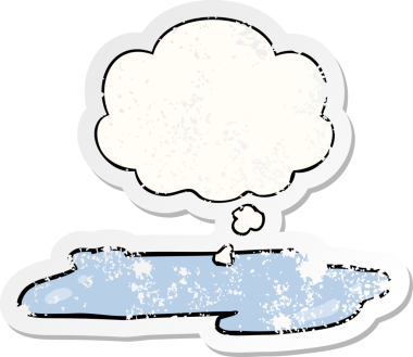 Düşünce baloncuklu su birikintisi insan tarafından çizilmiş yıpranmış bir çıkartma.