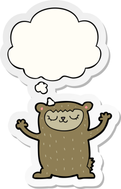 İnsan tarafından çizilmiş bir çıkartma gibi düşünce baloncuğu olan sevimli çizgi film ayısı.