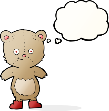 Bir insan tarafından çizilmiş düşünce baloncuklu şirin oyuncak ayı.