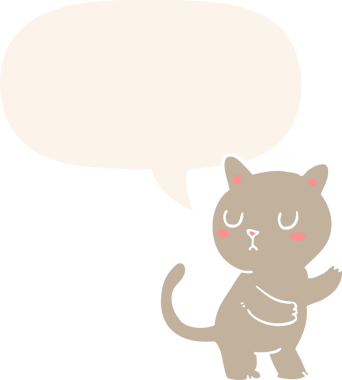 Konuşma baloncuğu olan çizgi film kedisi insan tarafından çizilmiş.