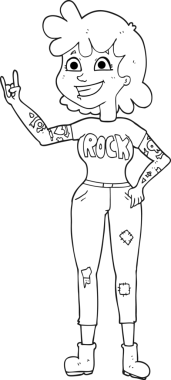Bir insan tarafından çizilmiş siyah beyaz karikatür rock kızı.