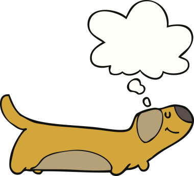 Bir insan tarafından çizilmiş düşünce baloncuklu çizgi film köpeği.