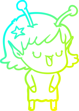 Bir insan tarafından çizilmiş mutlu bir uzaylı kız çizgi filmi.