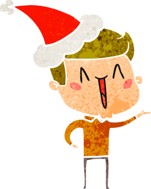 Bir insan tarafından çizilmiş Noel Baba şapkası giymiş heyecanlı bir adamın el çizimi karikatürü.