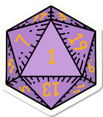 Bir insan tarafından çizilmiş doğal 1 D20 zar etiketi.