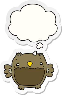 Düşünce baloncuğu insan tarafından çizilmiş bir çıkartma olan çizgi film baykuşu