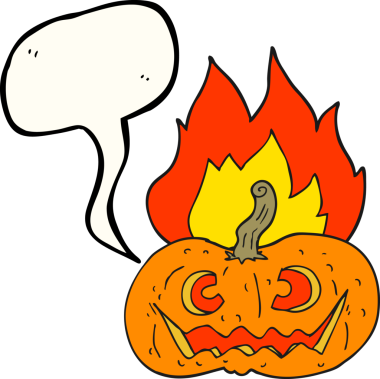 Bir insan tarafından çizilmiş alevli Cadılar Bayramı balkabağı karikatürü.