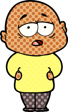 Bir insan tarafından çizilmiş yorgun, kel bir adam.