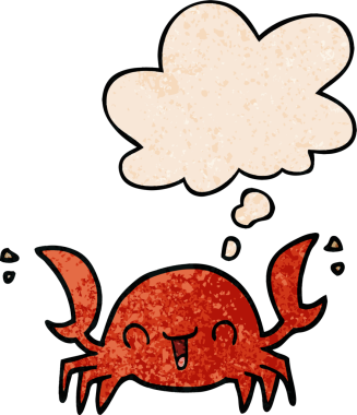 Düşünce baloncuklu çizgi film yengeci. Bir insan tarafından çizilmiş grunge doku tarzı.