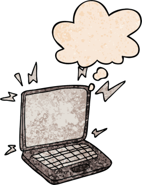 bir insan tarafından çizilmiş grunge doku biçiminde düşünce baloncuklu dizüstü bilgisayar.