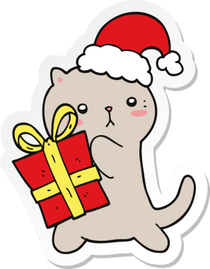 Bir insan tarafından çizilmiş Noel hediyesini taşıyan sevimli bir çizgi film kedisinin çıkartması.