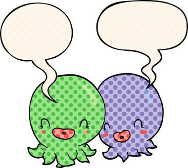 Bir insan tarafından çizilmiş çizgi roman tarzında konuşan iki ahtapot.