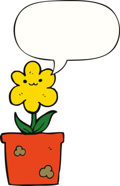 Bir insan tarafından çizilmiş konuşma balonlu karikatür evi bitkisi.