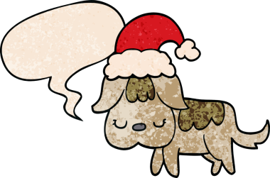 Bir insan tarafından çizilmiş geçmişe dönük konuşma baloncuğu olan şirin bir Noel köpeği.