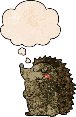 Hoş bir çizgi film kirpisi, insan tarafından çizilmiş grunge desenli düşünce baloncuğu.