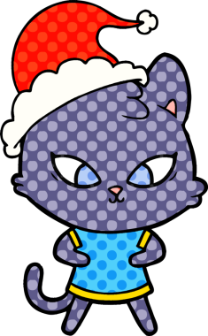 Bir insan tarafından çizilmiş Noel Baba şapkası takan bir kedinin çizgi roman çizimi.