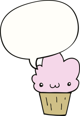 Bir insan tarafından çizilmiş, yüzü konuşma baloncuğu olan bir kek.