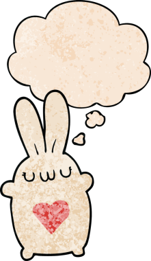 Sevgi dolu karikatür tavşanı. Düşünce baloncuğu ve grunge dokusuyla bir insan tarafından çizilmiş.