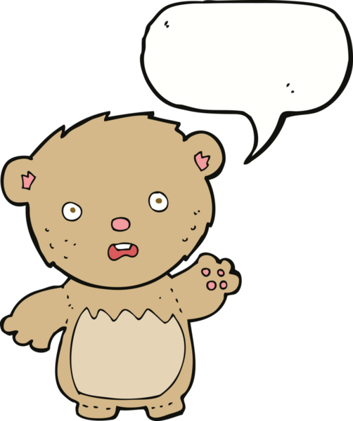 Bir insan tarafından çizilmiş konuşma balonlu endişeli oyuncak ayı.