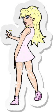 Bir insan tarafından çizilmiş elbise giymiş bir karikatür kadının gerilimli çıkartması.