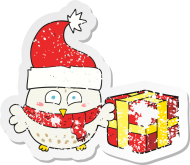 Bir insan tarafından çizilmiş bir karikatür noel baykuşunun gerilimli çıkartması.