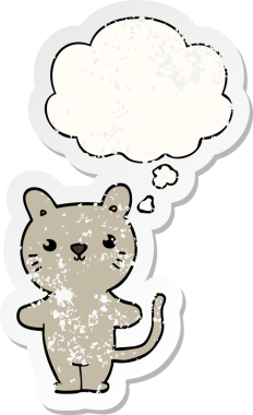 Düşünce baloncuğu olan çizgi film kedisi insan tarafından çizilmiş yıpranmış bir çıkartma.