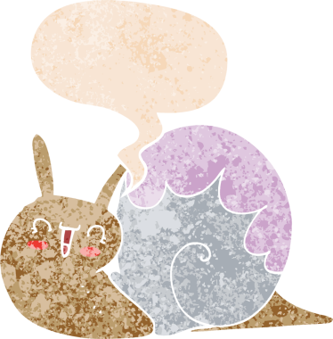 Tatlı çizgi film salyangozu ile konuşma balonu grunge sıkıntılı retro dokuma tarzı bir insan tarafından çizilmiş