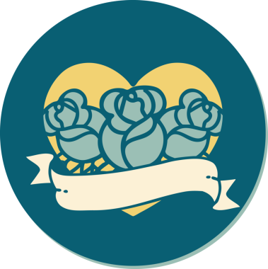 Geleneksel kalp stili dövme çıkartması ve bir insan tarafından çizilmiş çiçekli pankart.