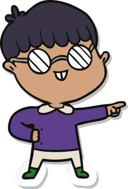 Bir insan tarafından çizilmiş gözlüklü bir çizgi film çocuğunun çıkartması.