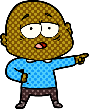 Bir insan tarafından çizilmiş yorgun, kel bir adam.