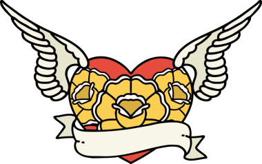 Geleneksel bir kalp dövmesi. Çiçekler ve bir insan tarafından çizilmiş bayrak.