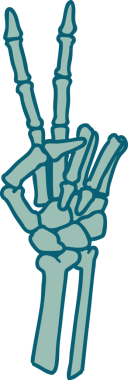 Bir insan tarafından çizilmiş barış işareti veren bir iskeletin ikonik dövme görüntüsü.