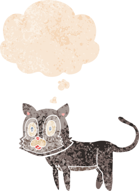 Mutlu çizgi film kedisi. Düşünce baloncuğu ve grunge dertli eski moda bir insan tarafından çizilmiş.