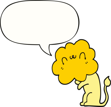 Bir insan tarafından çizilmiş konuşma balonlu çizgi film aslanı.