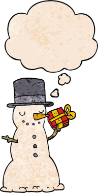 Bir insan tarafından çizilmiş grunge desenli düşünce balonu olan kardan adam çizgi filmi.