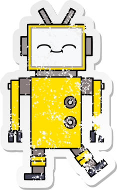 Bir insan tarafından çizilmiş sevimli bir robot çizgi film çıkartması.