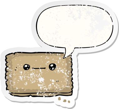 Konuşma balonlu çizgi film bisküvisi bir insan tarafından çizilmiş sıkıntılı eski bir çıkartma