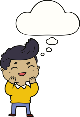 Bir insan tarafından çizilmiş düşünce balonuyla gülen çizgi film adamı.