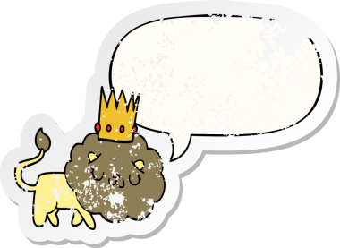 Sözcük baloncuklu çizgi film aslanı bir insan tarafından çizilmiş sıkıntılı eski bir çıkartma.