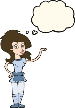 Bir insan tarafından çizilmiş düşünce kabarcığı olan güzel bir garson kız.