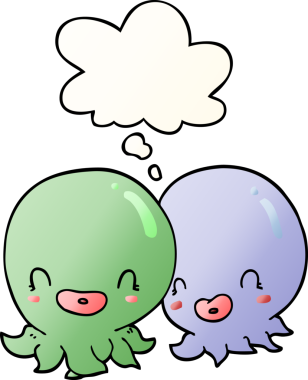 Düşünce baloncuklu iki ahtapot bir insan tarafından çizilmiş.